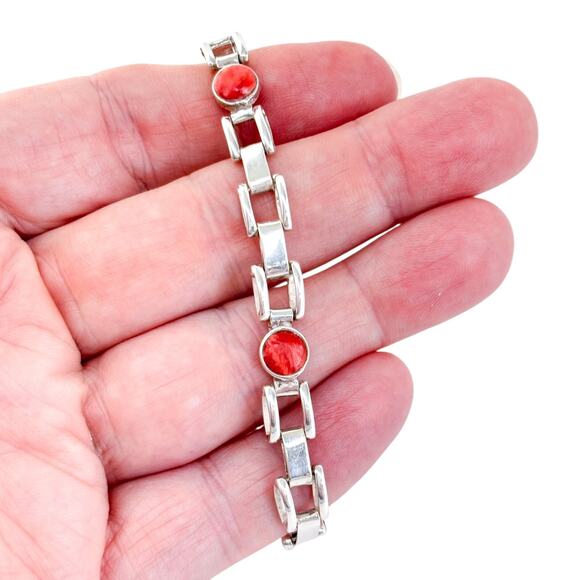 Vintage Sterling Silver 950 Red Spiny Oyster Link Bracelet 7.25" - Picture 1 of 7